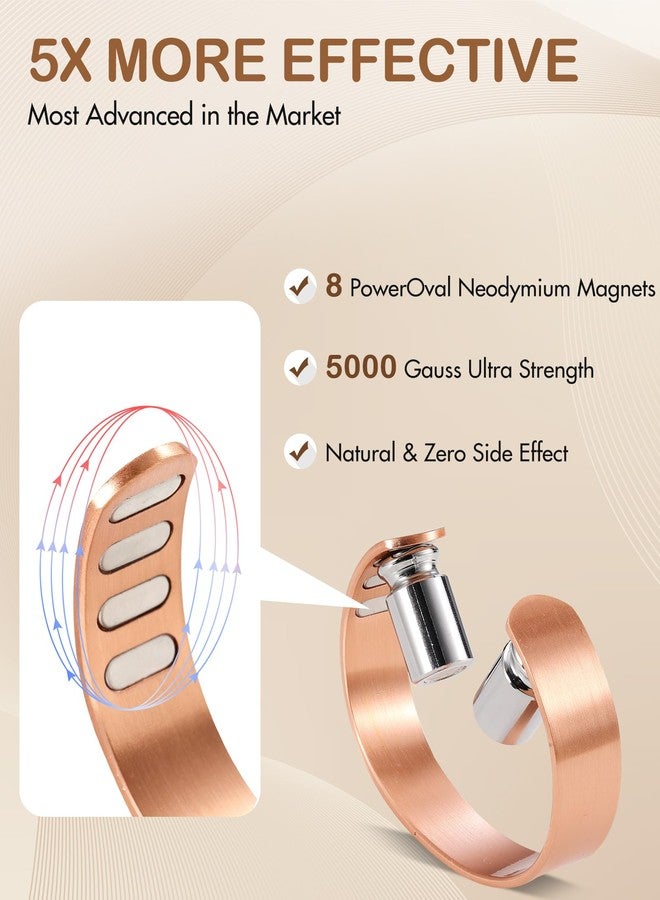 Feraco Solid Copper Bracelet for Men, 5X Ultra Strength Magnetic Bracelet with 5000 Gauss Neodymium Magnets, Sleek Copper Cuff Bangle, Adjustable Jewelry Gift - Image 2